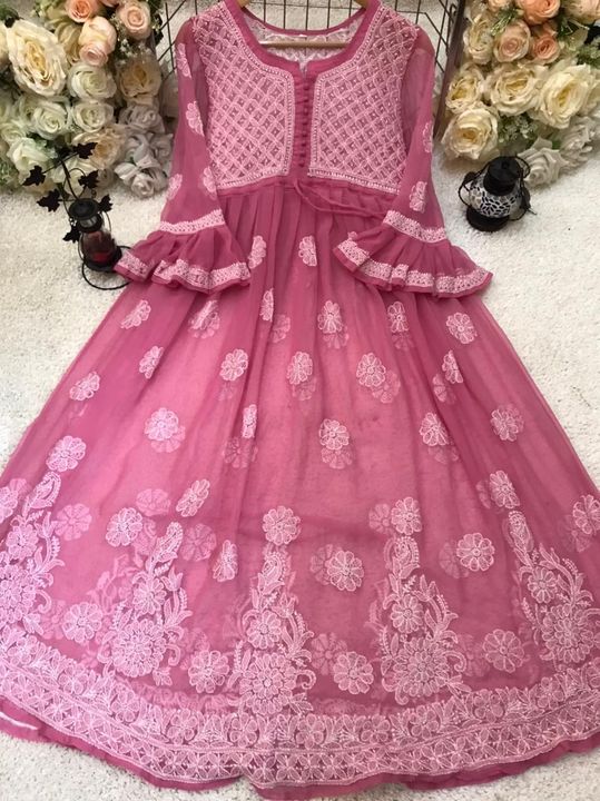 Georgette_bell_sleeves_gown_with_chikankari_work