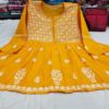 Slub_cotton_bell_sleeves_short_gown_with_chikankari_work