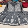 Slub_cotton_bell_sleeves_short_gown_with_chikankari_work