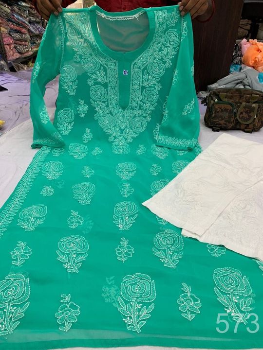 Georgette_rose_work_kurti_with_chikankari_work