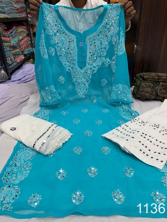 Georgette_side_chak_gala_buti_kurti_with_mirror_and_chikankari_work