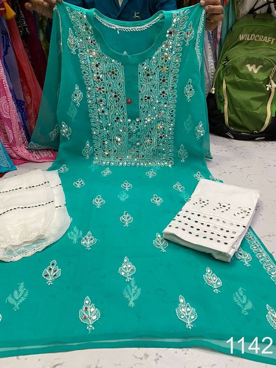 Georgette_patya_gala_buti_kurti_with_mirror_and_chikankari_work