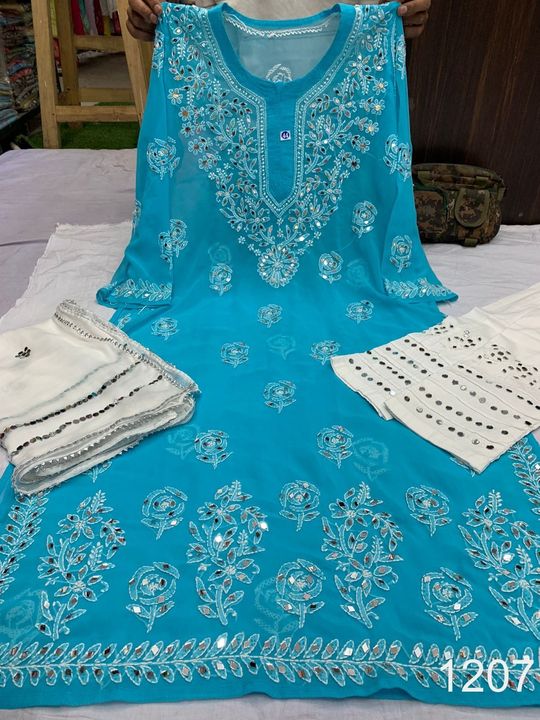 Georgette_daman_rose_kurti_with_mirror_and_chikankari_work