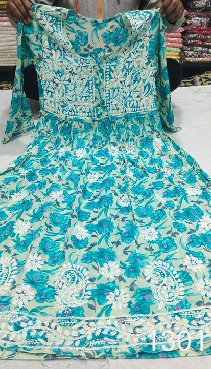 Mul_Mul_printed_cotton_gown_kurti_with_chikankari_work