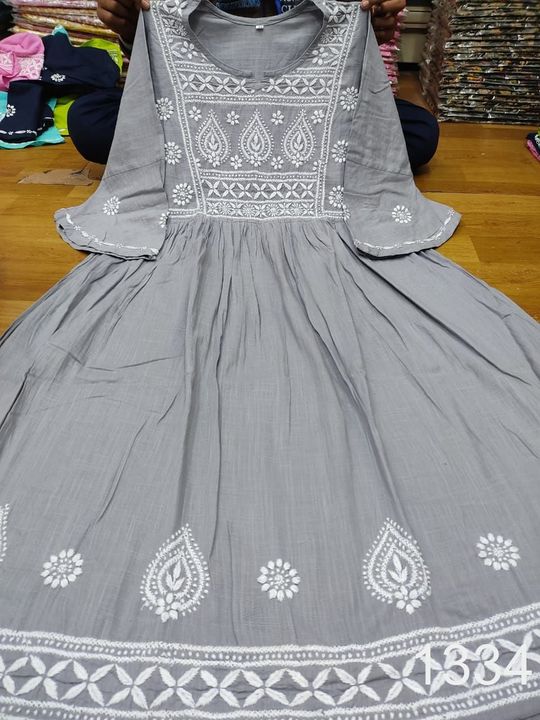 Slub_cotton_bell_sleeves_gown_kurti_with_chikankari_work