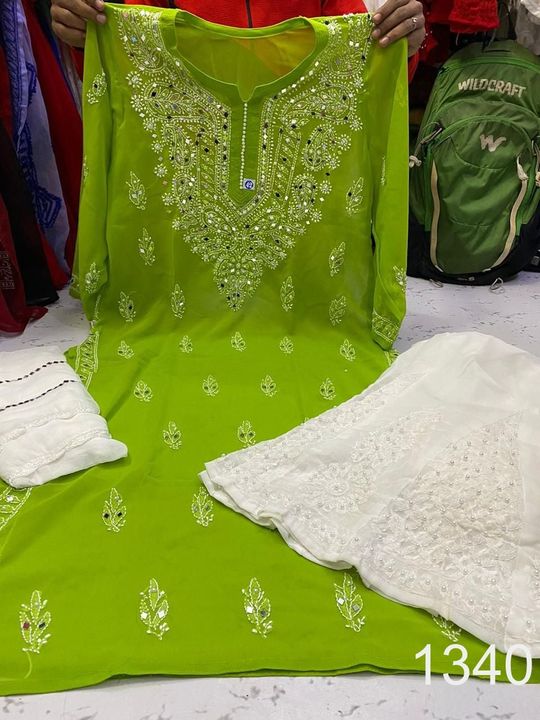 Georgette_gala_buti_chikankari_kurti_with_mirror_&pearl_work