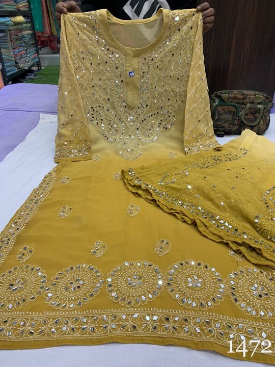 Georgette_kurti_with_Sharara_dye_set_with_mirror_nd_Chikankari_work