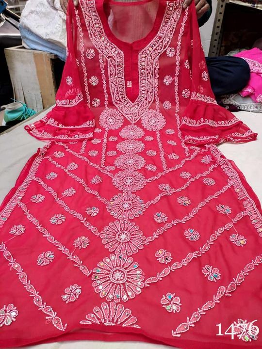 Georgette_bell_sleeves_kurti_with_mirror_nd_sequence_work