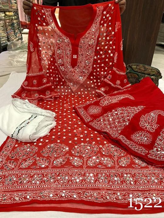 Georgette_bell_sleeves_daman_rose_kurti_with_mirror_chikankari_work