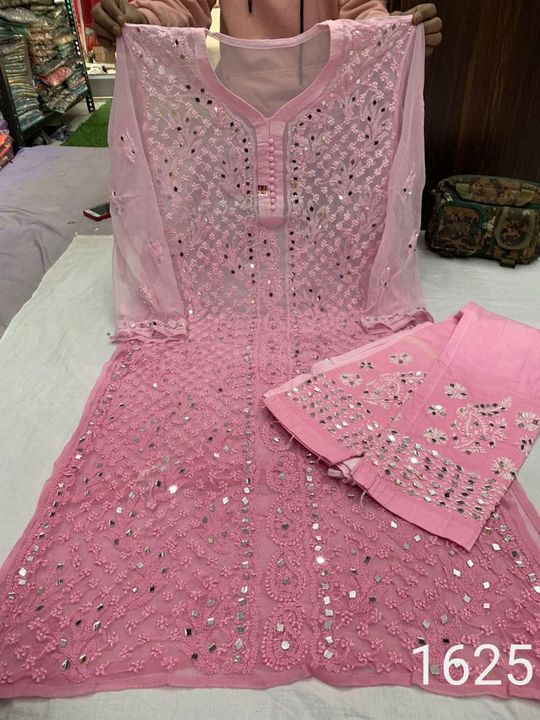 Georgette_chikankari_kurti_pant_set_with_mirror_work