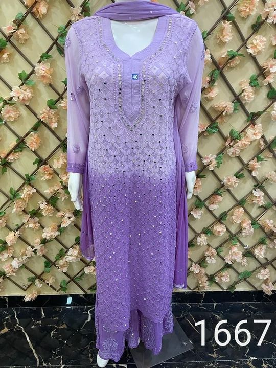 Long Lucknowi Style Georgette Kurti in Blue full body embroidery - RZUstyle