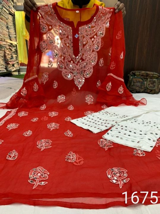 Georgette_rose_bell_sleeves_chikankari_kurti_with_mirror_work.