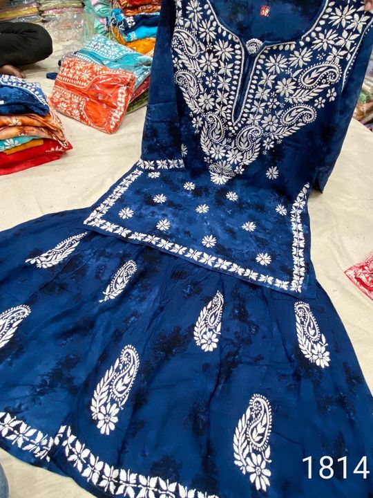 Exclusive_Lucknowi_chikankari_Rayon_denim_shades_kurti_gharara_set