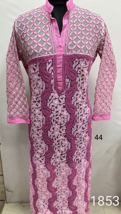 Chiffon_Georgette_Long_kurti_with_finest_quality_intricate_chikankari_hand_embroidery_with_sleeves_full_work