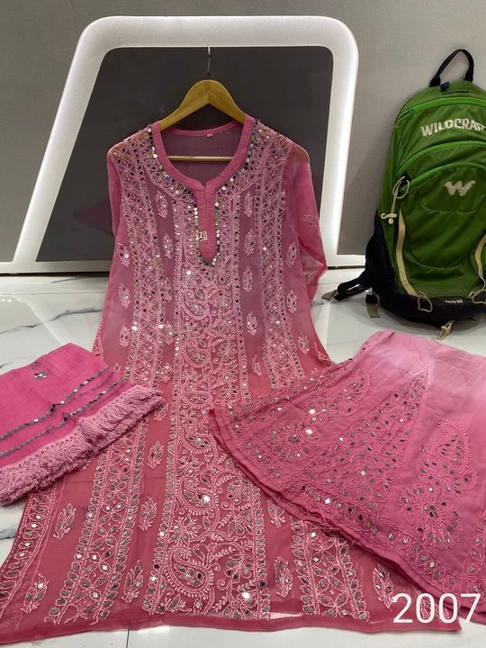 Georgette_panel_mix_design_chikankari_kurti_with_sharara_duptta_dye_set_with_mirror_work