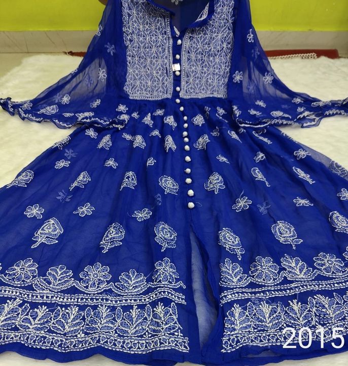 Georgette_umbrella_sleeves_crochet_button_front_open_chikankari_gown