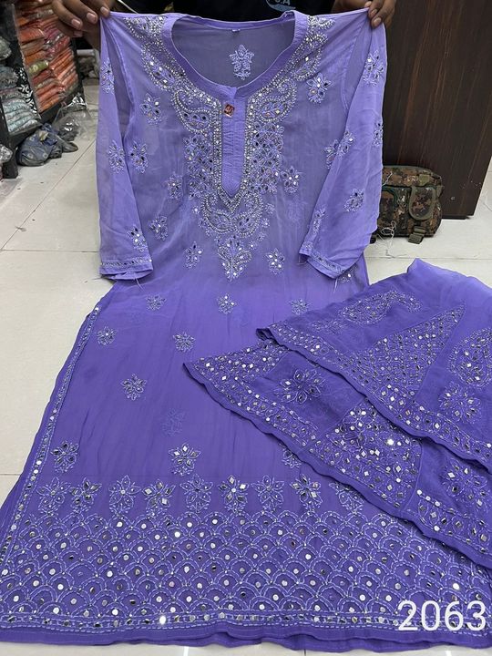 Georgette_chikankari_kurti_with_sharara_dye_set_with_mirror_work