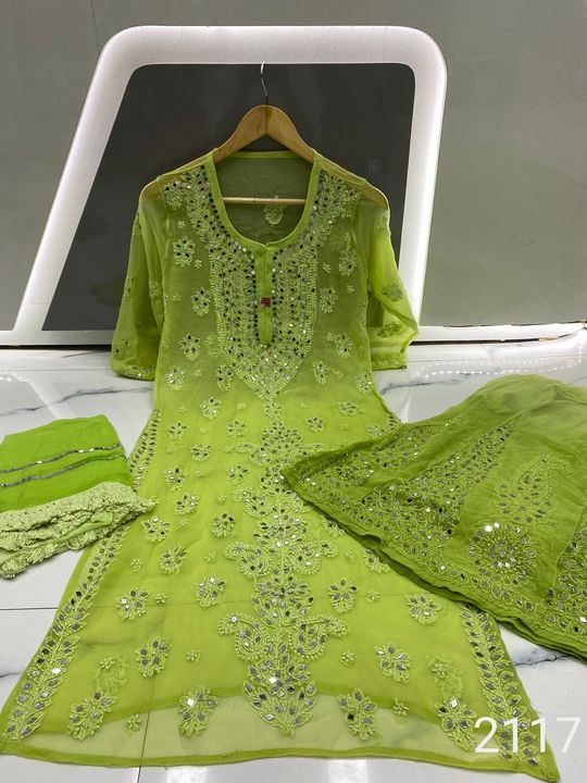 Georgette_chikankari_kurti_sharara_dupatta_dye_set_with_mirror_work