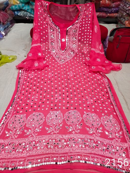 Georgette_bell_sleeves_chikankari_kurti_with_mirror_work