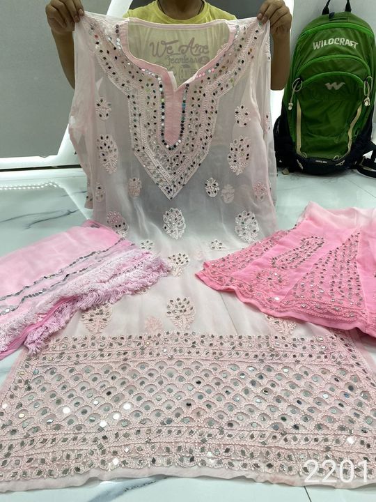 Georgette_chikankari_kurti_sharara_with_duptta_dye_set_mirror_work