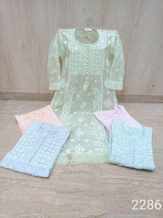 Exclusive_lucknowi_chikankari_orangza_frock_style_kurtis_with_mukaish_work