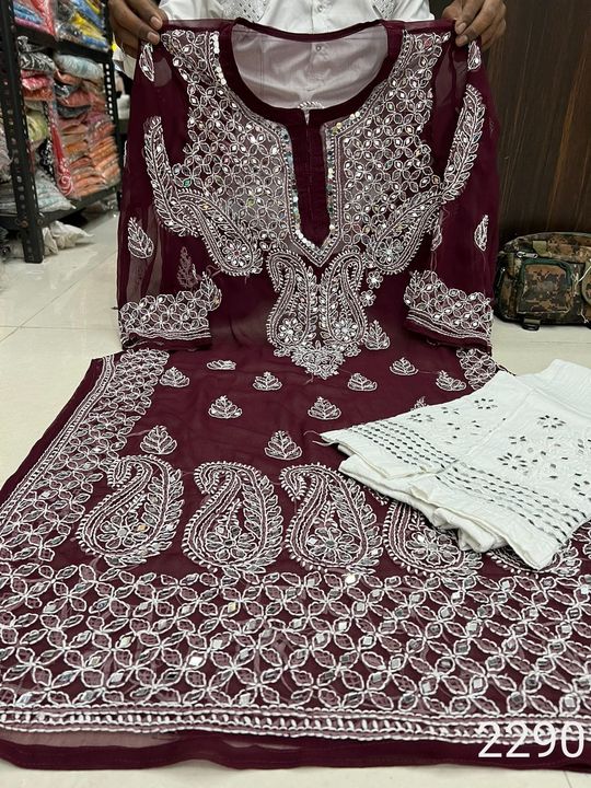 Georgette_daman_kairi_lucknowi_chikankari__kurti_with_mirror_work