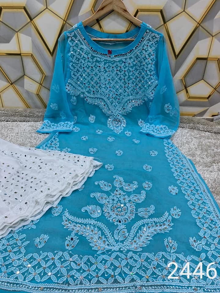 Georgette_boat_neck_chikankari_kurti_with_mirror_work