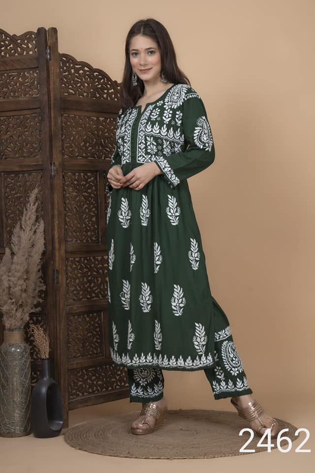 Lucknowi_chikankari_rayon_side_slit_nyra_cut_kurti_with_pant_set