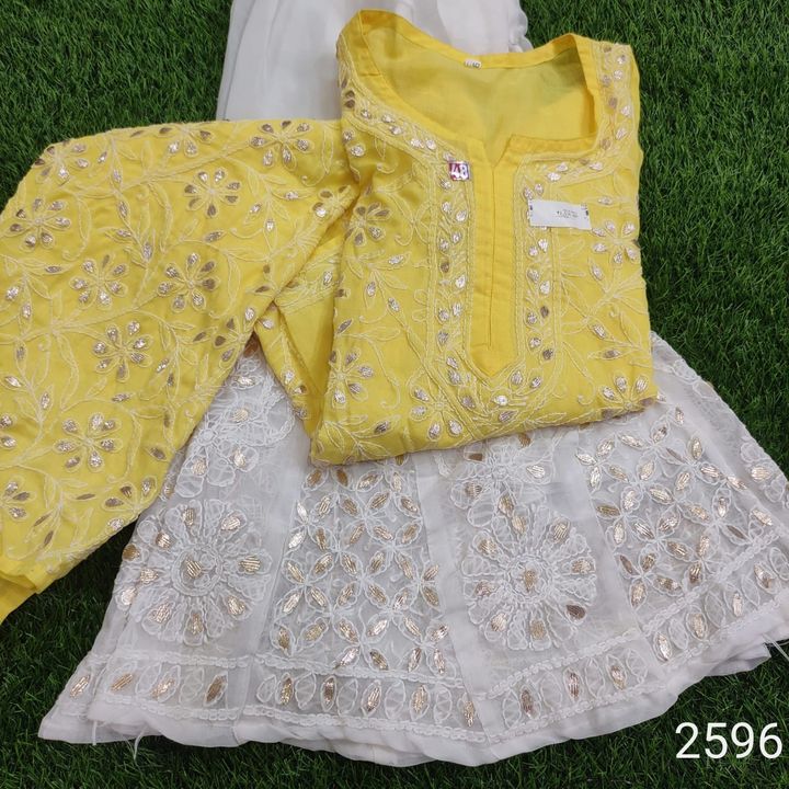 Long_kurti_cotton_front_jaal_fine_chikankari_with_gota_Patti_work