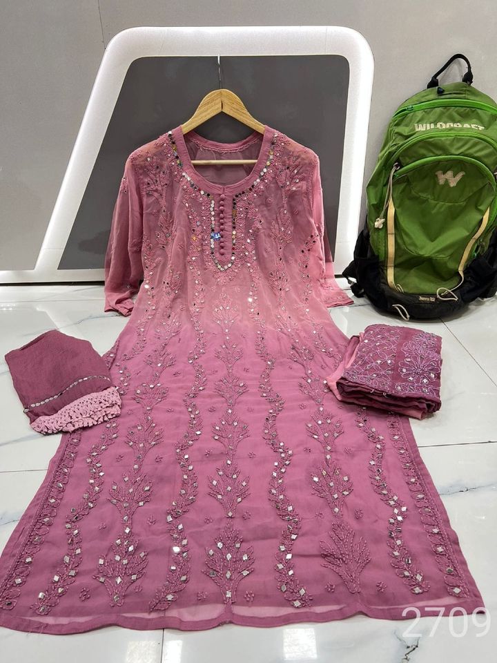 Georgette_panel_patti_design_chikankari_kurti_sharara_duptta_dye_set_with_mirrorwork