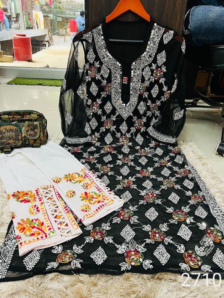 Georgette_chikankari_multithread_kurti_with_mirrorwork