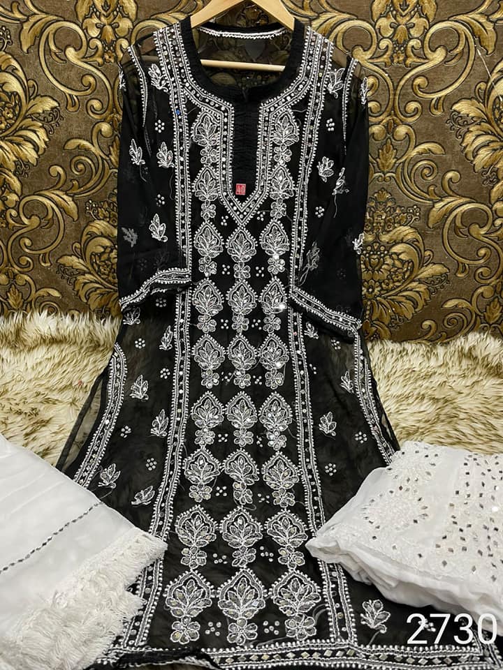 *Lucknowi_chikankari_Georgette_mirror_Panel_kurti_With_Sharara_&_Duptta_Full_Set