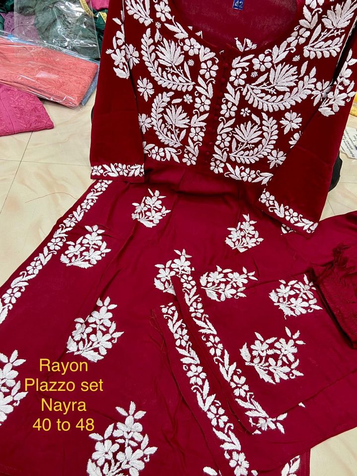 *Exclusive_lucknowi_chikankari_rayon_kurti_&_plazo_set*