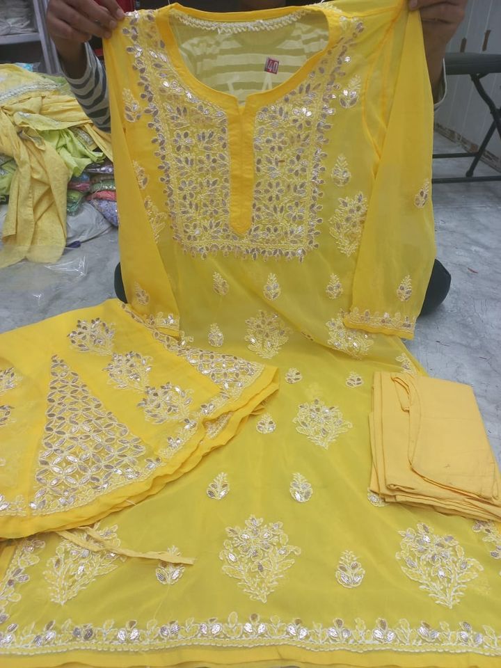 Georgette__lucknowi_chikankari_work__ladies__kurti__&__sharara_gottapatti_work_with__SLIP