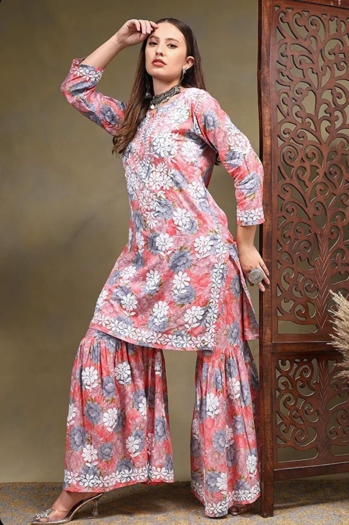 Mul_mul_cotton_printed_Kurti_with_gharara_set