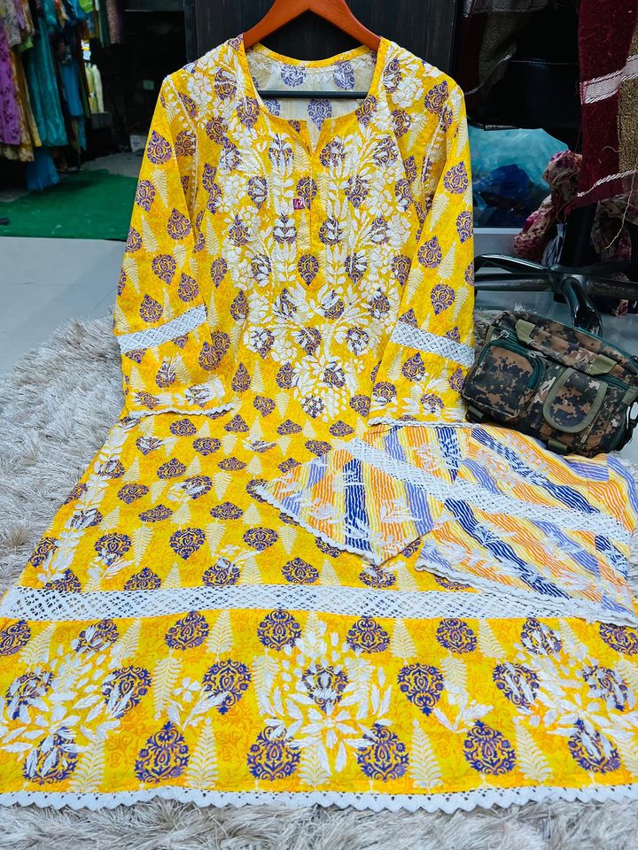 Mul_mul_cotton_kurti_with_lace_pant