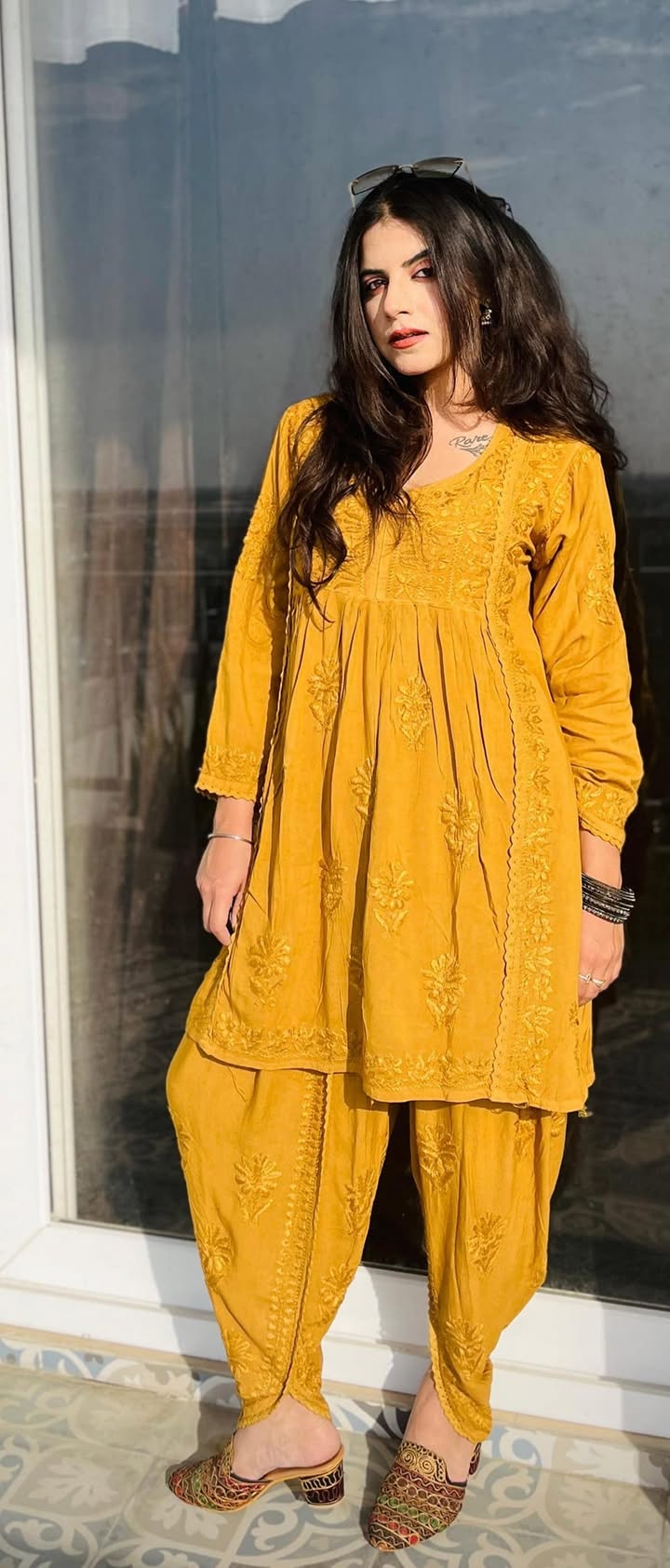 Lucknowi_chikankari_modal_rayon_short_gown_with_tulip_pant_co-ord_set