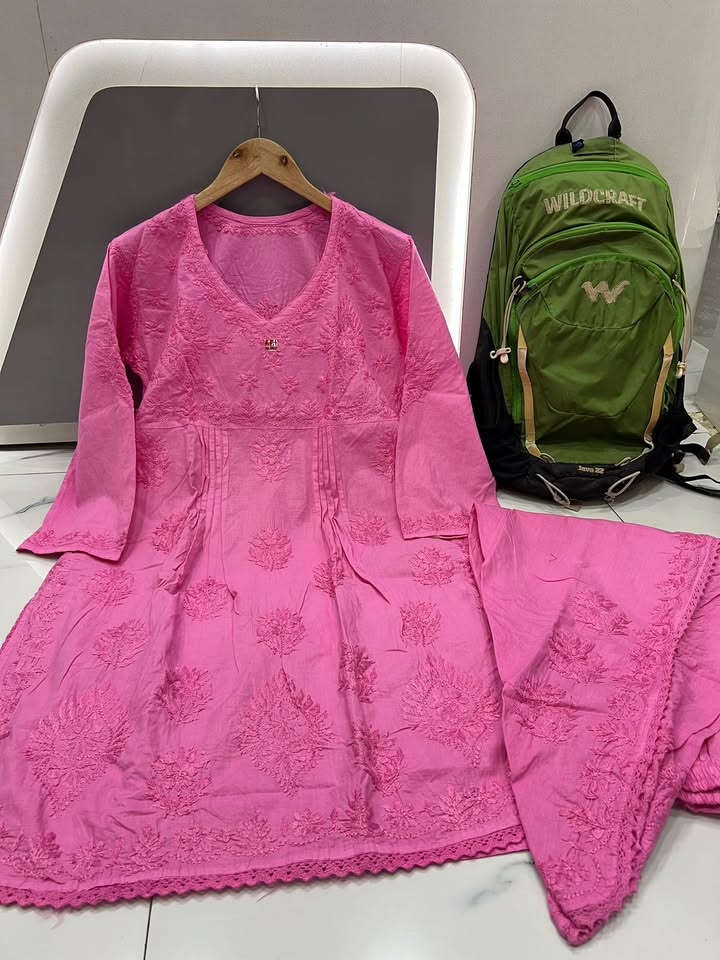 Lucknowi_chikankari_pure_cotton_kurti_&_tulip_pant_set_with_side_border_lace_work