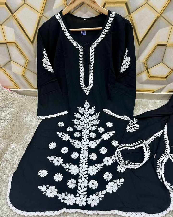 Lucknowi_chikankari_premium_heavy_rayon_kurti_with_tulip_pant_set