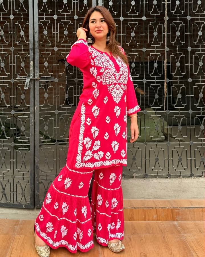 Lucknowi_chikankari_beautiful_navsari_rayon_kurti_gharara_set