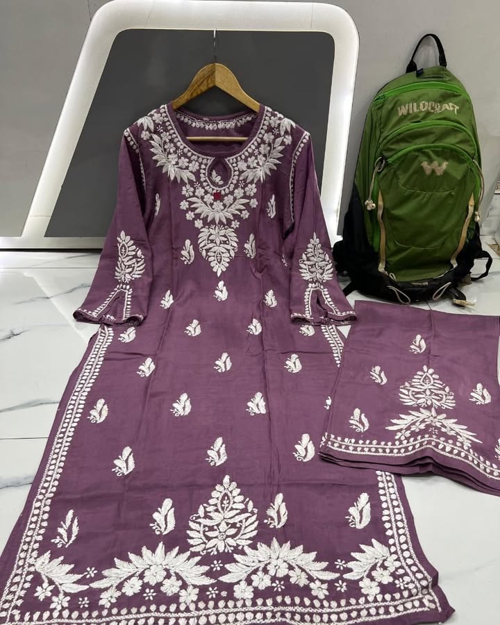 Lucknowi_chikankari_sleeves_cut_design_muslin_kurti_with_plazo_set